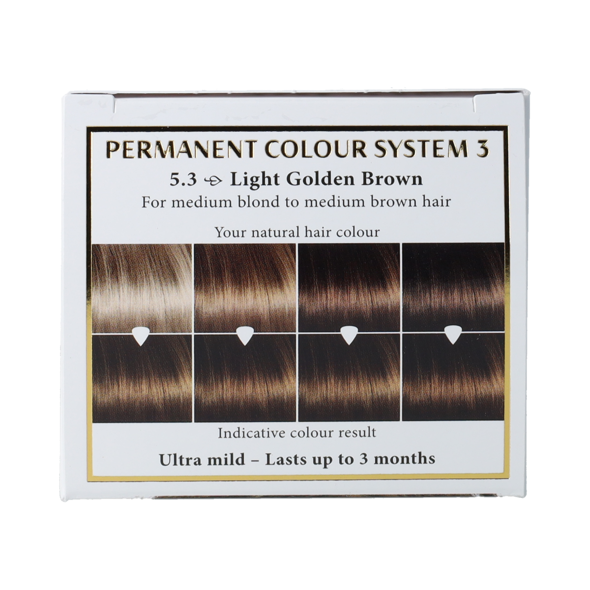 Hairwonder Long Lasting Colour 5.3 Golden Brown hair dye in 100ml tube, showing the creamy hair coloring product.
