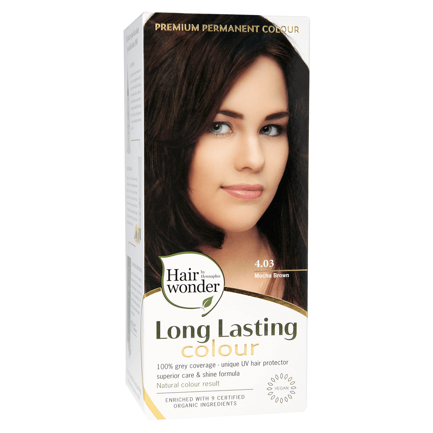 Hairwonder long-lasting colour 4.03 mocha brown hair dye in 100ml bottle, showcasing rich brown shade and packaging.