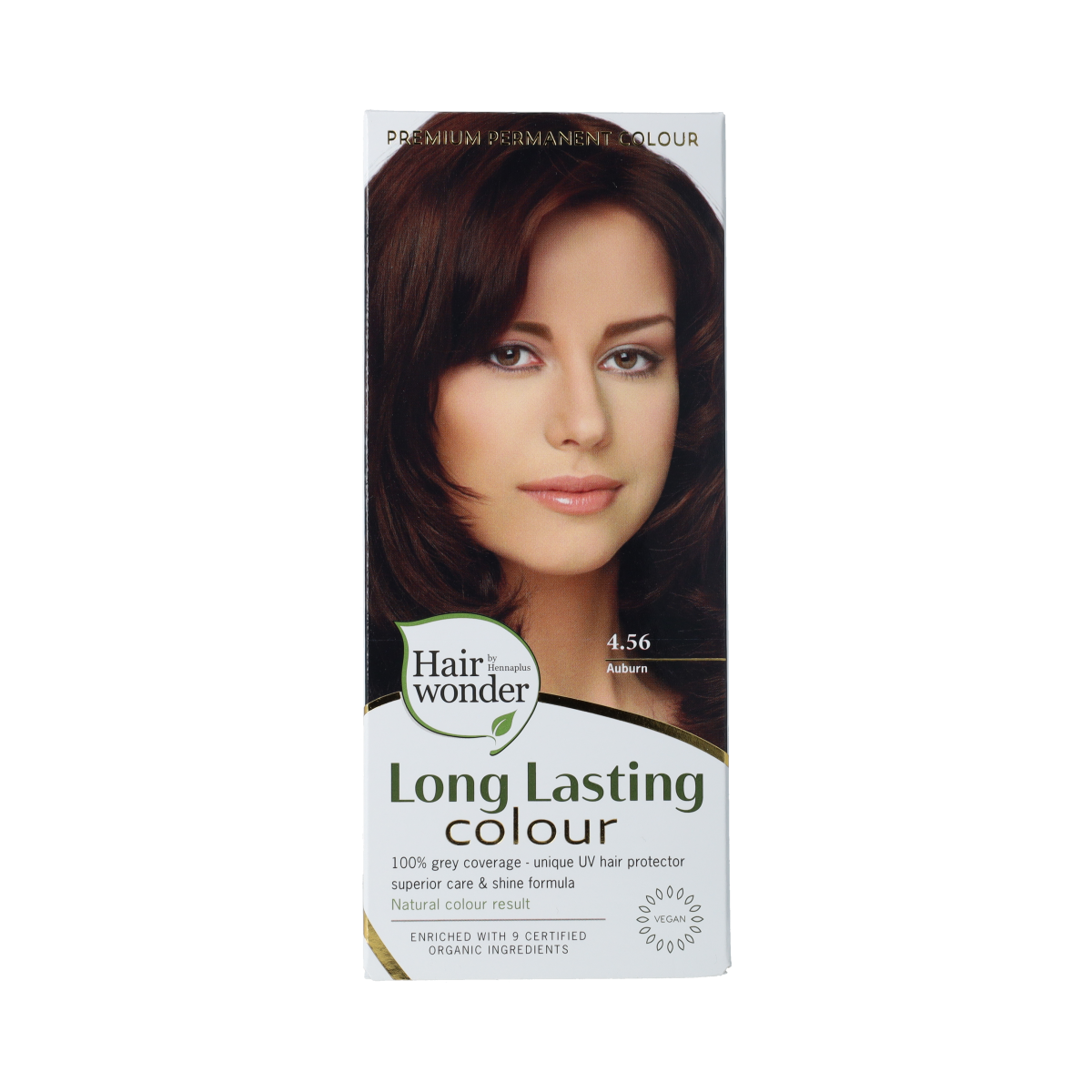 Hairwonder Long Lasting Colour 4.56 Auburn hair dye bottle, 100ml, with hair color cream and applicator in the image.