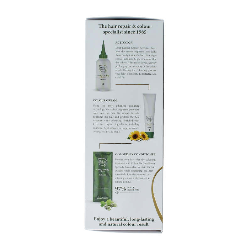 Hairwonder long-lasting black hair coloring tube, 100ml, showing the product packaging and applicator tip.