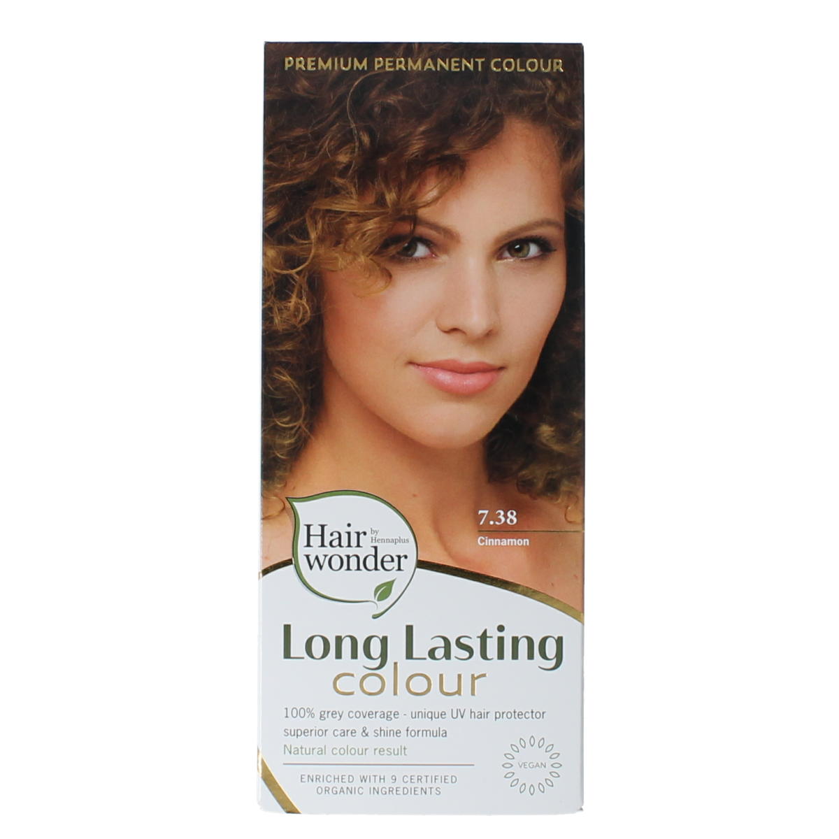 Henna Plus Long Lasting Colour 7.38 Cinnamon hair dye in 100ml bottle, showing the packaging and product branding.