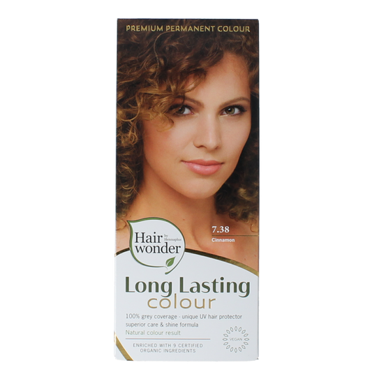 Henna Plus Long Lasting Colour 7.38 Cinnamon hair dye in 100ml bottle, showing the packaging and product branding.