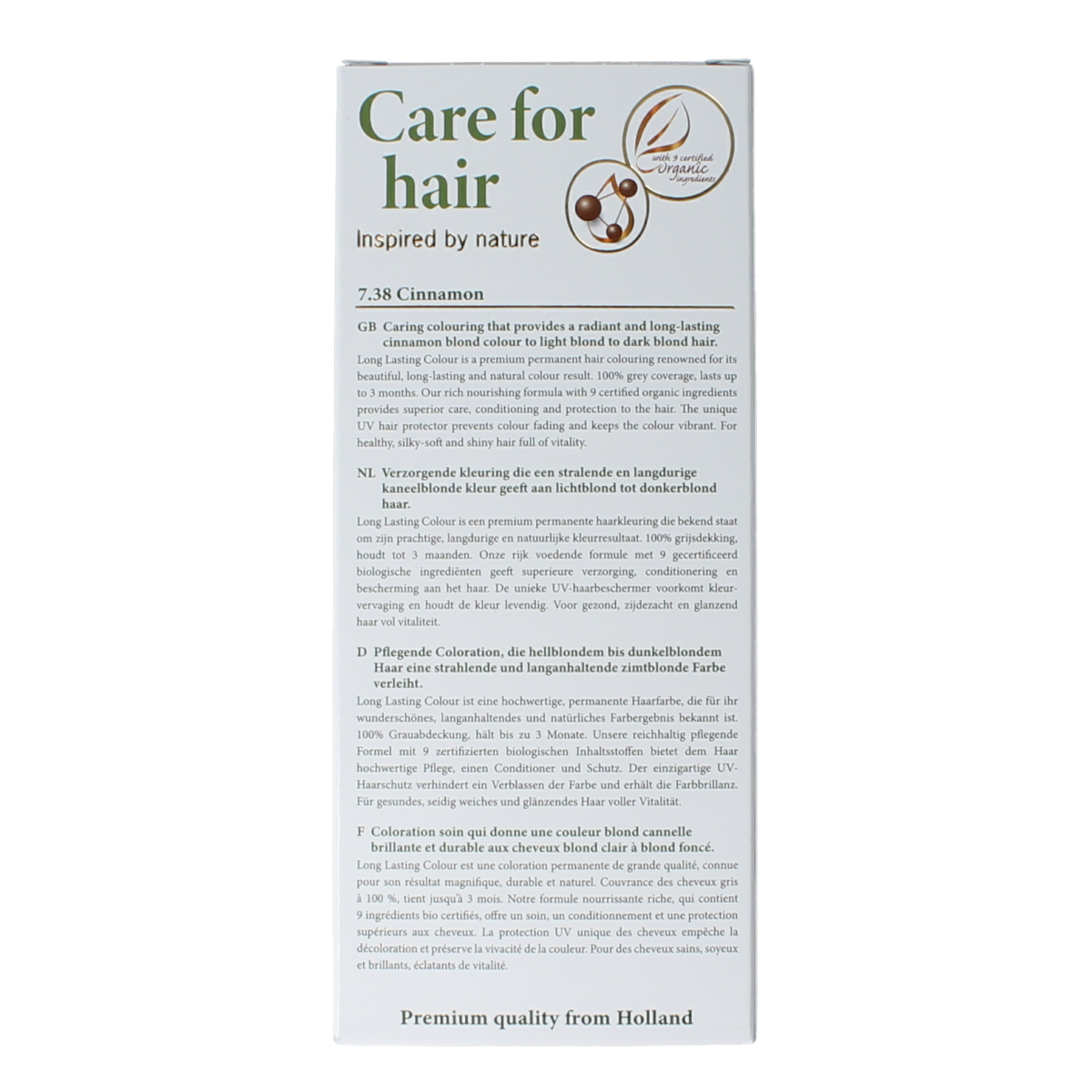 Henna Plus Long Lasting Colour 7.38 Cinnamon hair dye in 100ml bottle, showing the product packaging and color details.