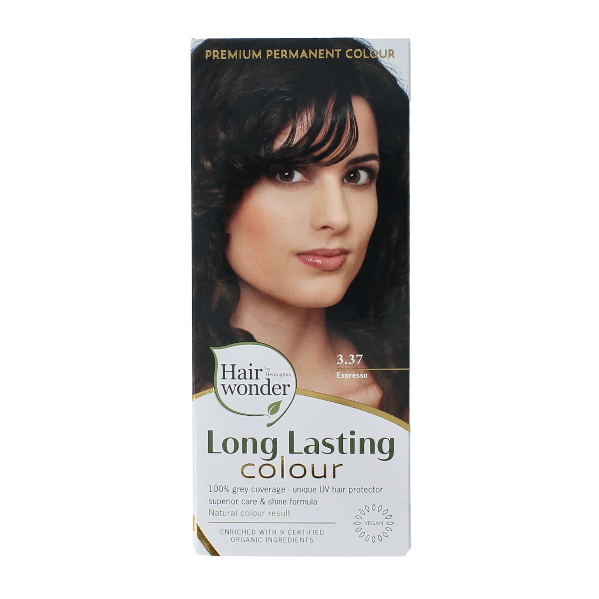 Henna Plus Long Lasting Colour 3.37 Espresso hair dye in 100ml bottle, professional hair coloring product.