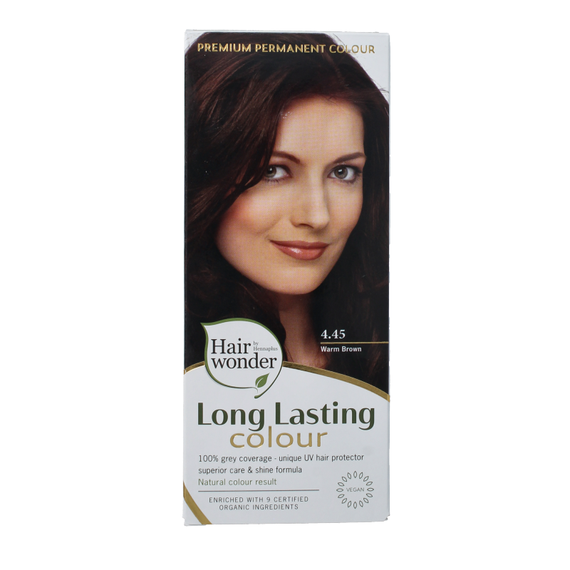 Henna Plus Long-lasting Colour 4.45 Warm Brown hair dye, 100ml bottle, natural hair coloring solution.