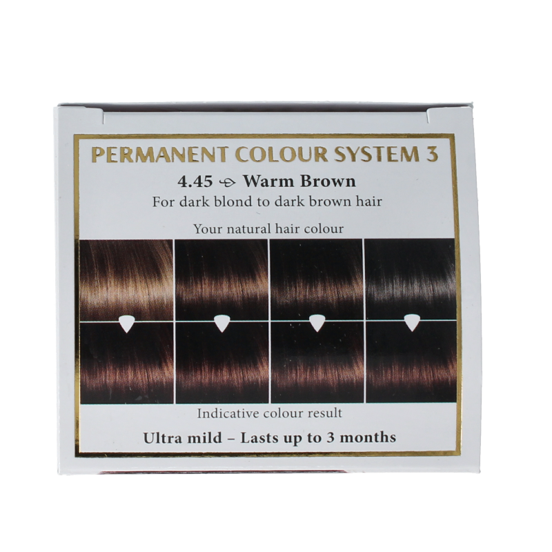 Henna Plus Long Lasting Colour 4.45 Warm Brown hair dye in 100ml bottle, showing the product packaging and color swatch.