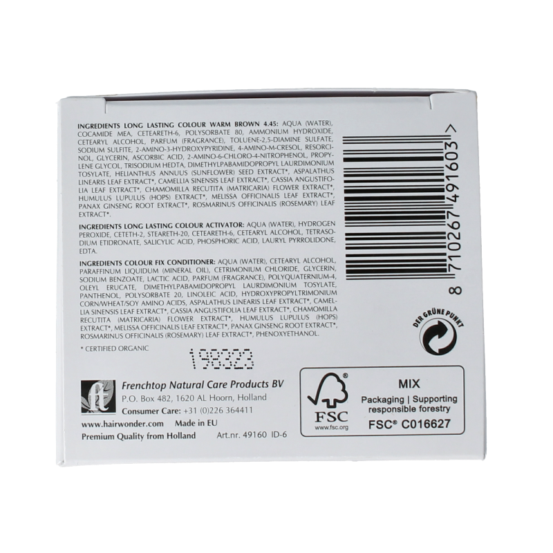 Henna Plus Long Lasting Colour 4.45 Warm Brown hair dye in 100ml tube, showing the product packaging and color shade.