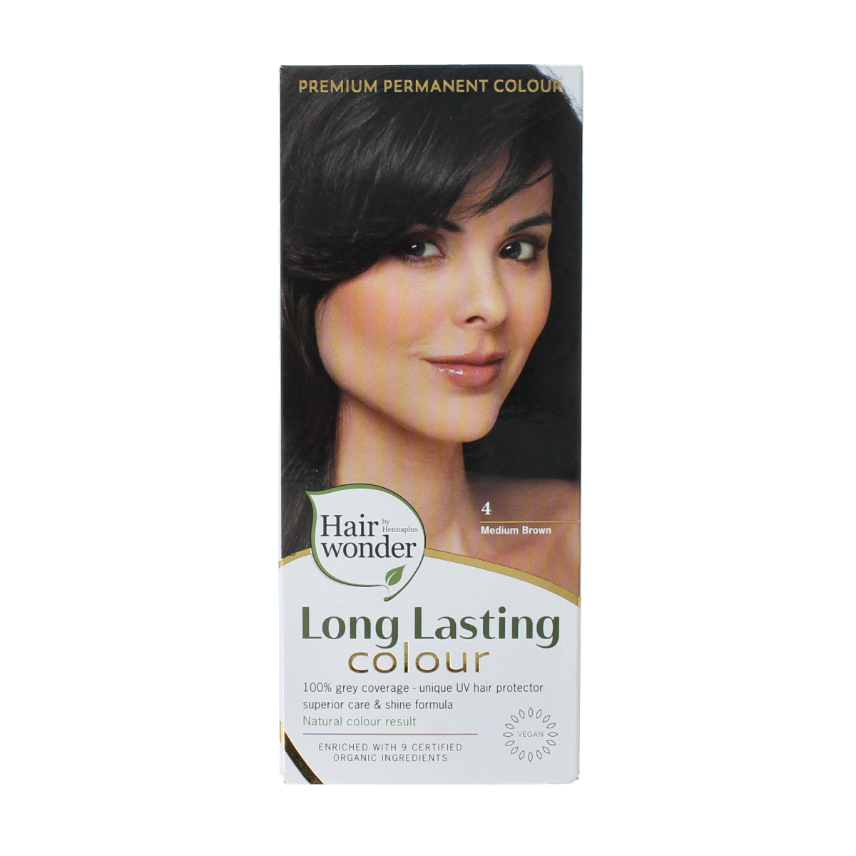 Henna Plus Long Lasting Colour 4 Medium Brown hair dye in 100ml tube, showcasing the product packaging and color.