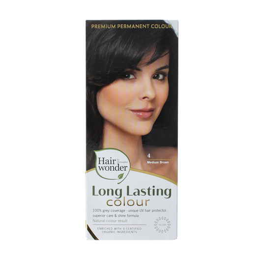 Henna Plus Long Lasting Colour 4 Medium Brown hair dye in 100ml tube, showcasing the product packaging and color.