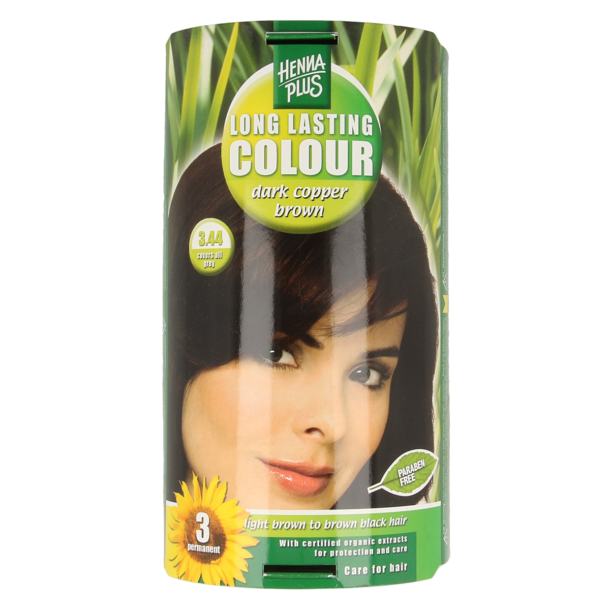 Henna Plus long-lasting dark copper brown hair coloring cream, 100ml, showing the product tube with color details.