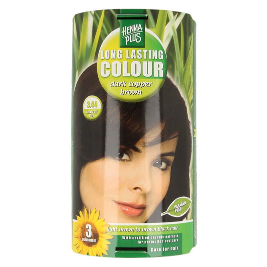 Henna Plus long-lasting dark copper brown hair coloring cream, 100ml, showing the product tube with color details.
