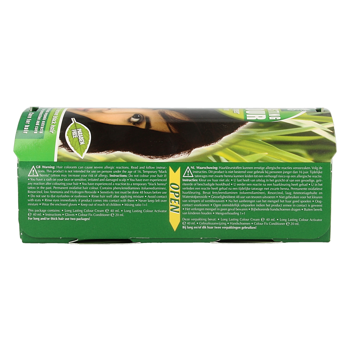Henna Plus Long Lasting Colour 3.44 Dark Copper Brown hair dye in 100ml bottle, showing the product packaging and color swatch.