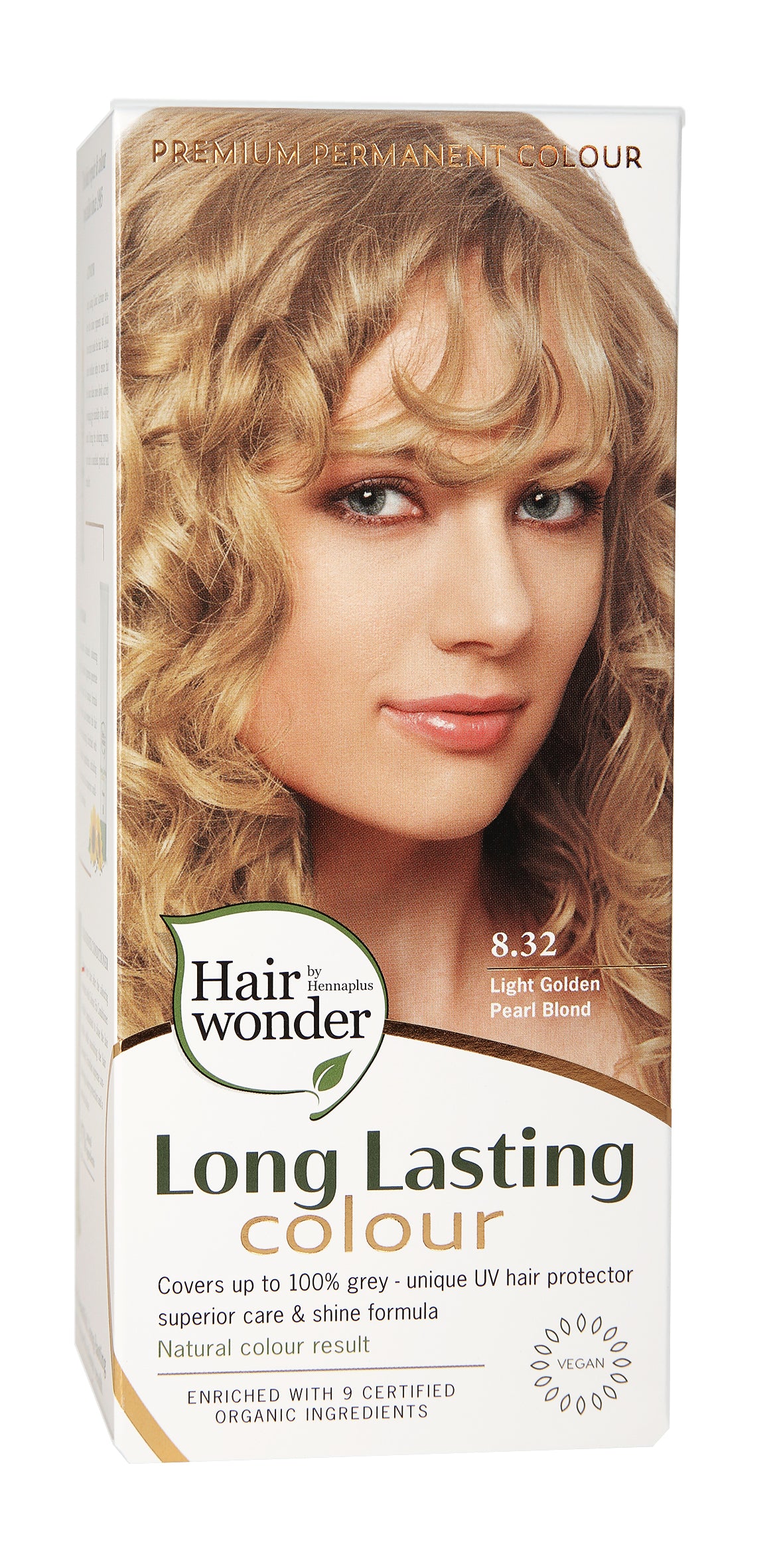 Hairwonder long-lasting light golden peach blond hair dye 8.32 in 100ml tube, showing the color result on hair strands.