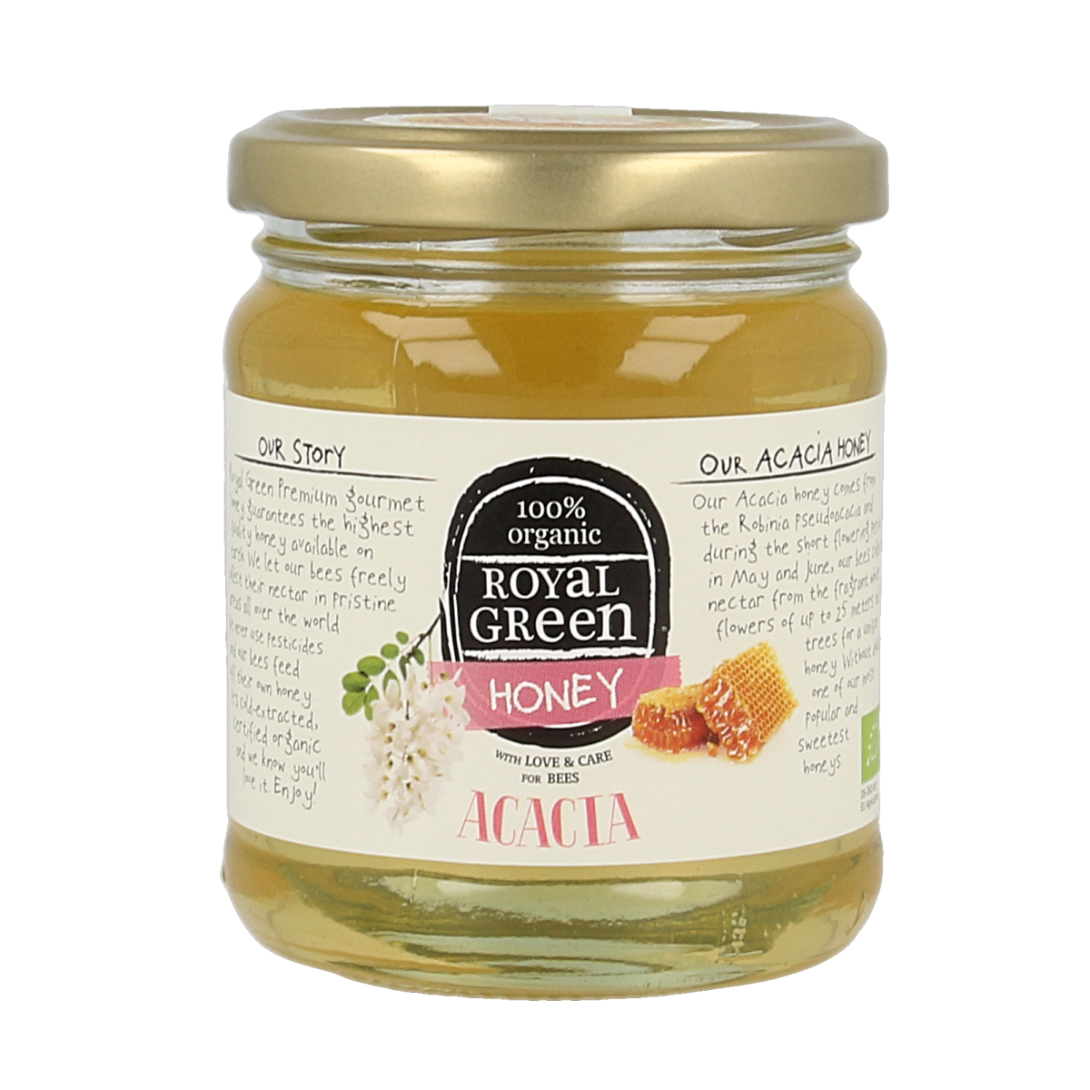 Royal Green Acacia honey bio 250g jar, golden-colored natural honey with a smooth texture and eco-friendly branding.