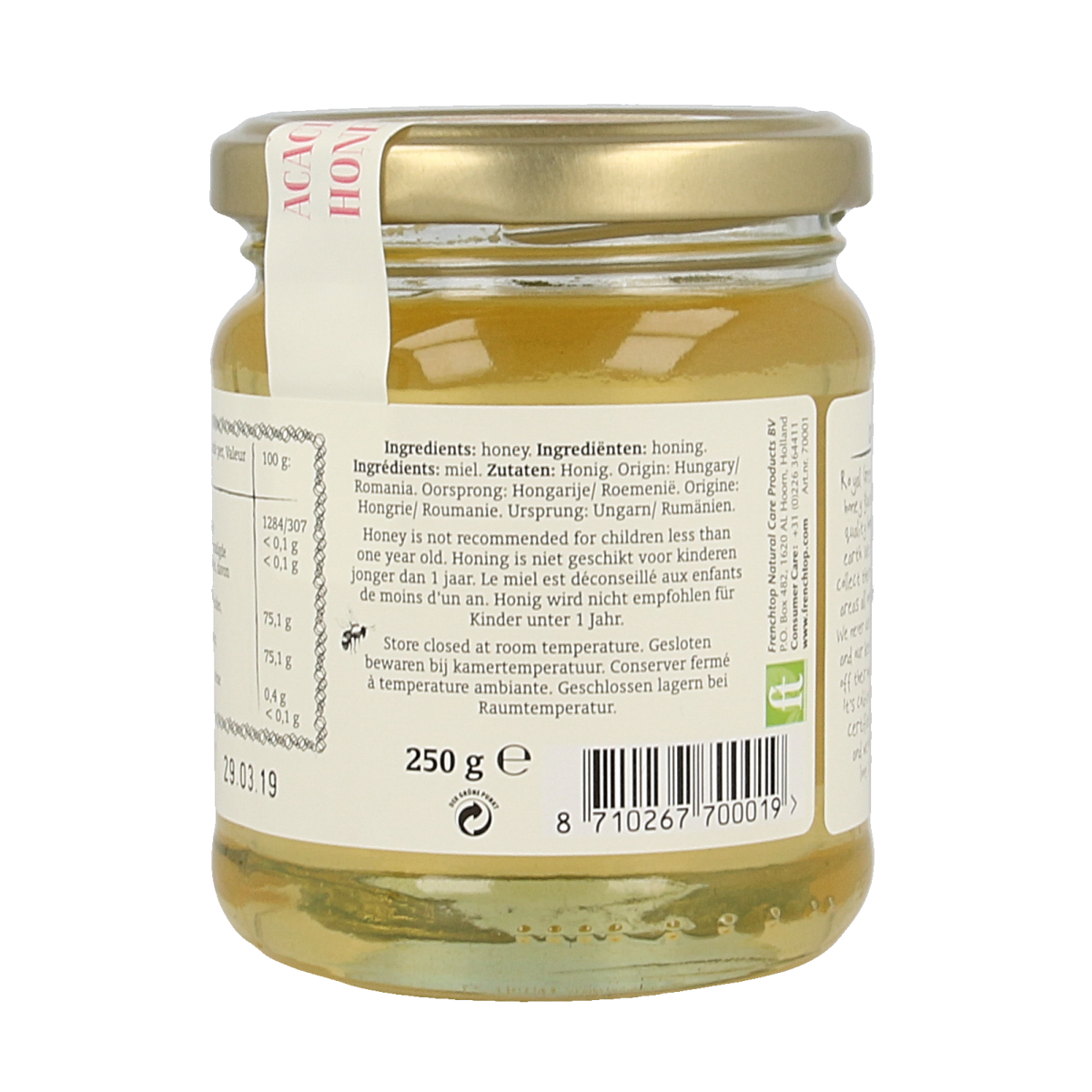 Royal Green Acacia honey bio in 250g jar, smooth golden honey from natural acacia blossoms.