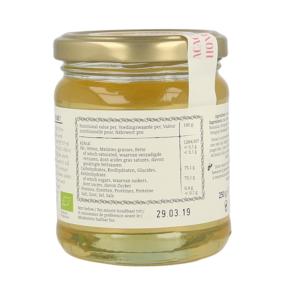 Royal Green Acacia honey bio in a 250g jar, showcasing golden, smooth honey with a clear, natural appearance.