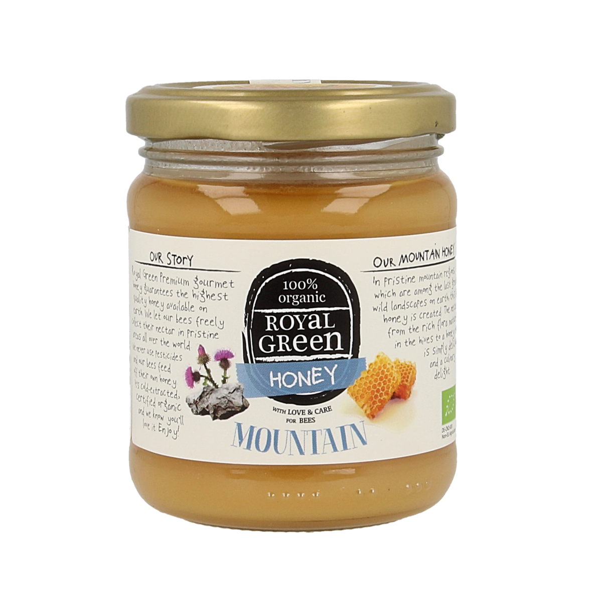 Royal Green Mountain honey bio 250g jar, natural organic honey in a clear glass container with a golden honey interior.