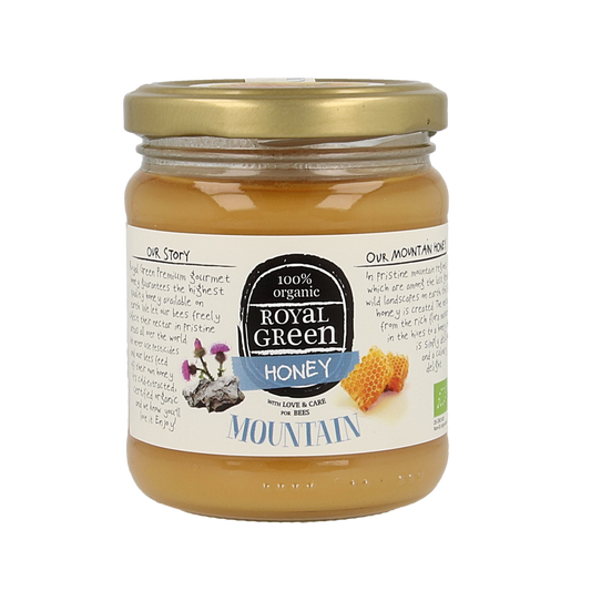 Royal Green Mountain honey bio 250g jar, natural organic honey in a clear glass container with a golden honey interior.