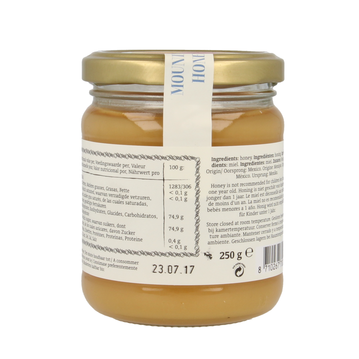 Royal Green Mountain honey bio in a 250g jar, natural organic honey with golden color and smooth texture.