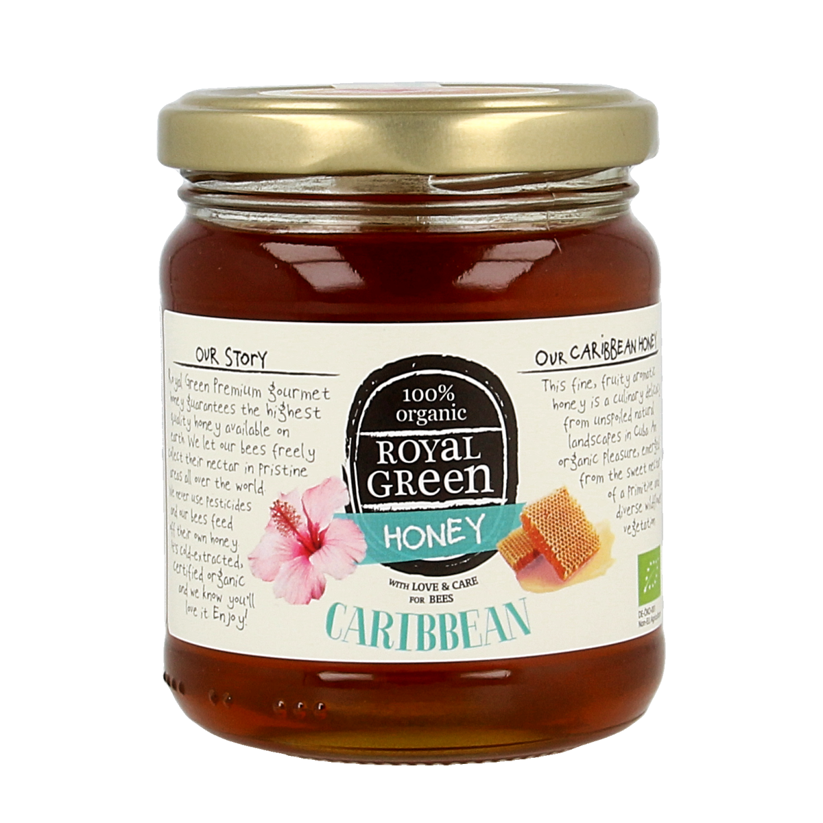Royal Green Caribbean honey bio jar, 250g, with golden honey visible in a clear glass container.