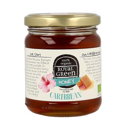Royal Green Caribbean honey bio jar, 250g, with golden honey visible in a clear glass container.