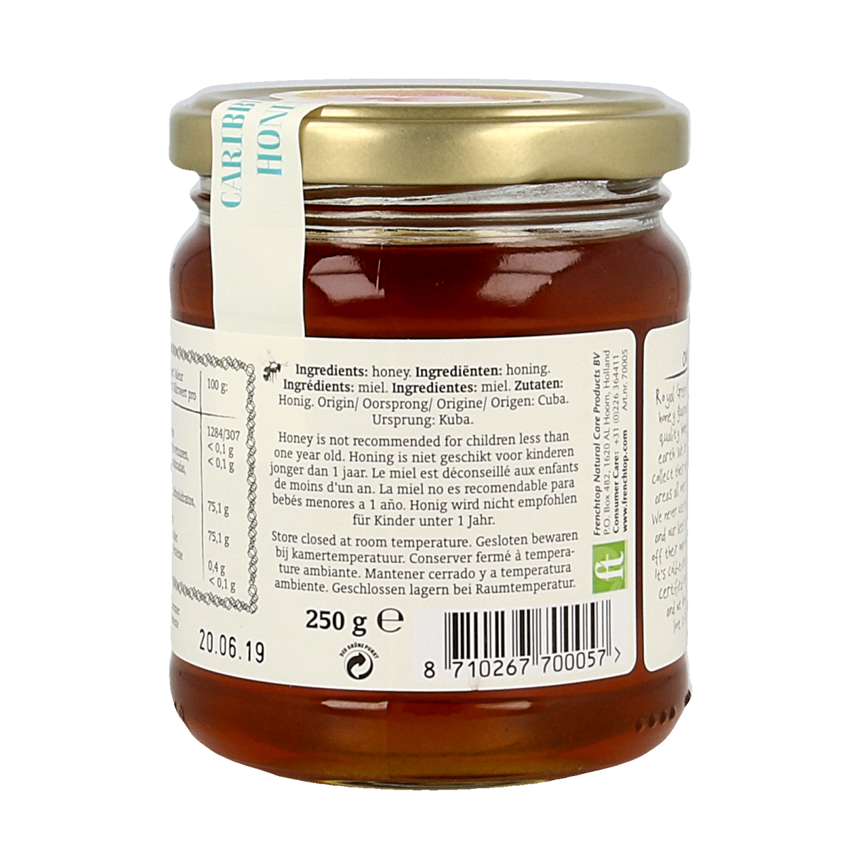 Royal Green Caribbean honey bio 250g jar, natural organic honey with golden color and smooth texture.