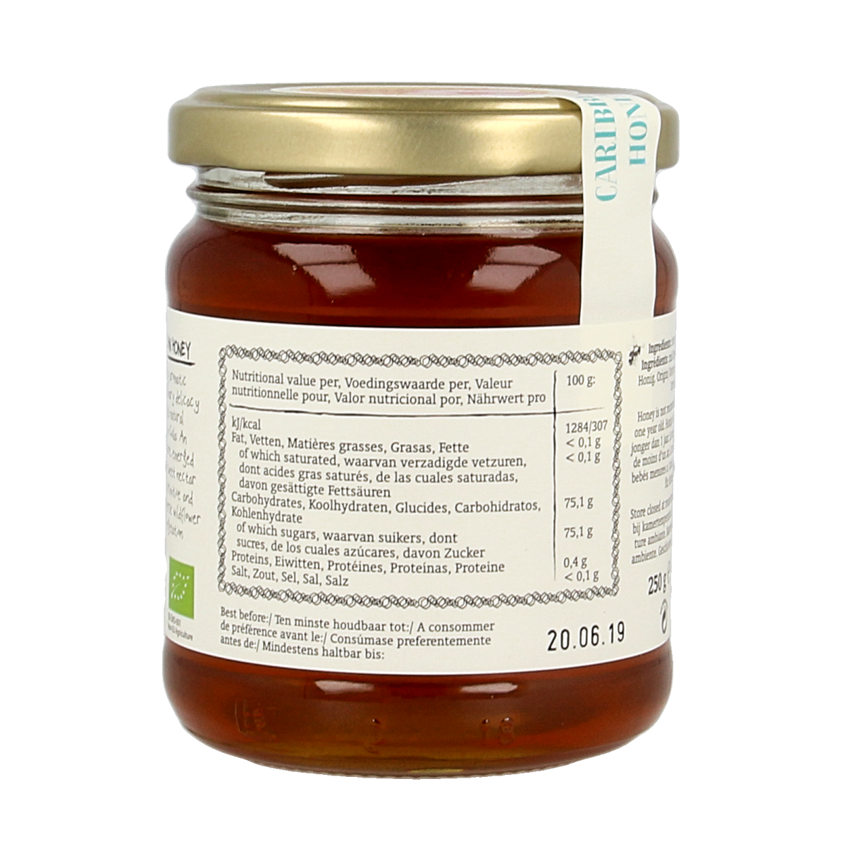Royal Green Caribbean honey bio in a 250g jar, natural organic honing with golden honey visible in the container.