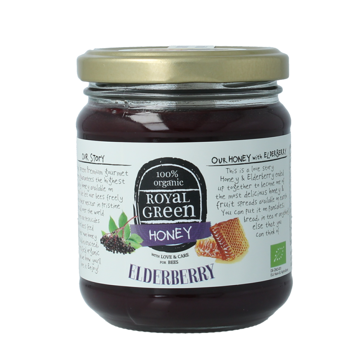 Royal Green Elderberry honey bio 250g jar, smooth golden honey with elderberry infusion, natural and organic honing product.