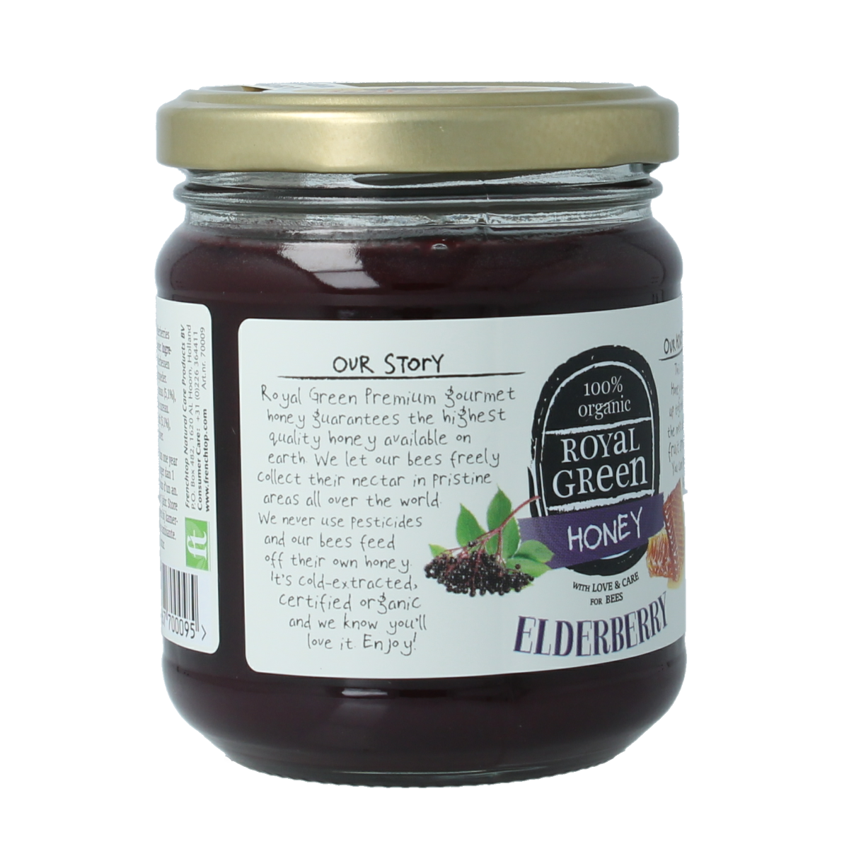 Royal Green Elderberry honey bio jar, 250g, showcasing golden honey with elderberry infusion in a clear glass jar.