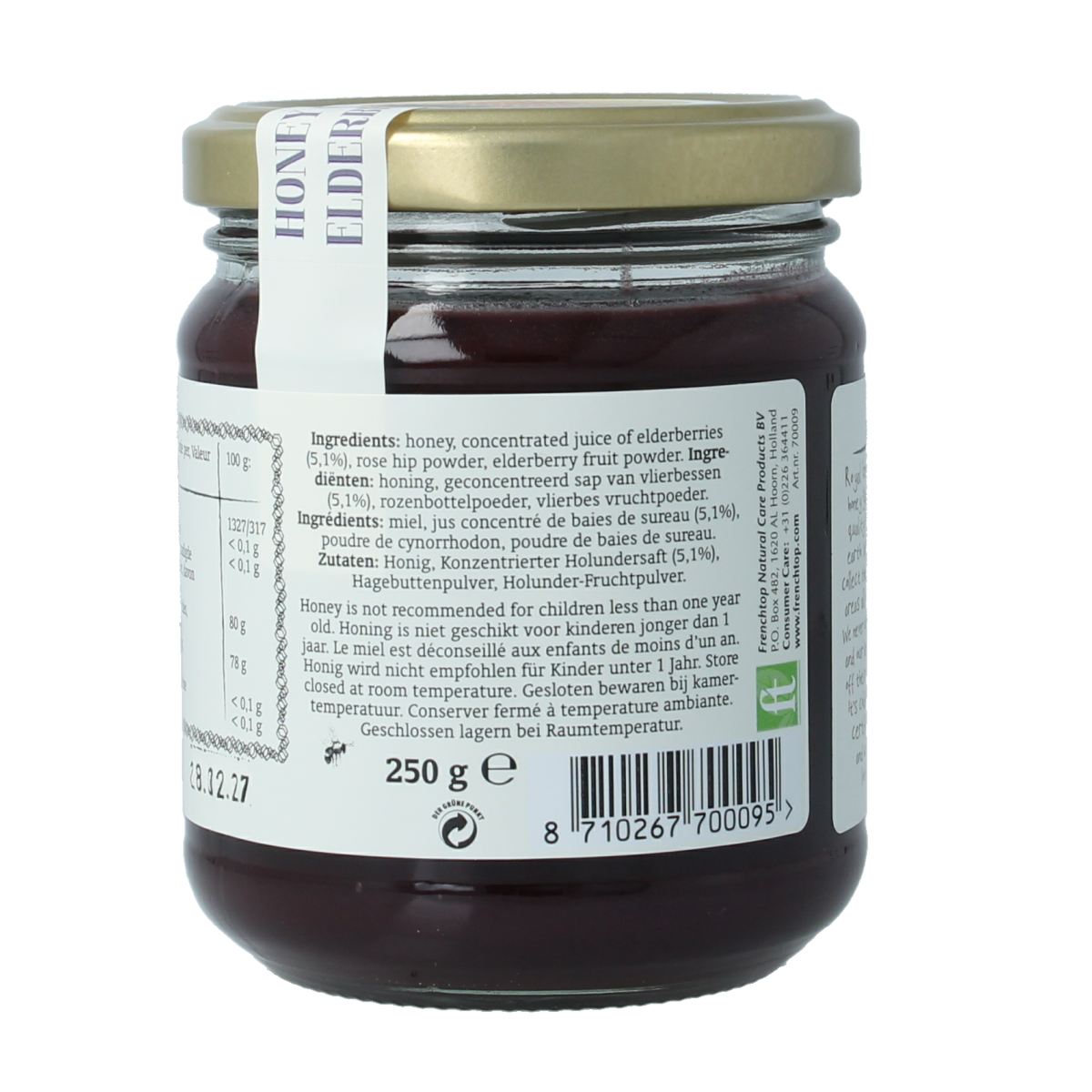 Royal Green Elderberry honey jar, 250g, natural organic honing with elderberry flavor, showcasing the honey inside the glass jar.