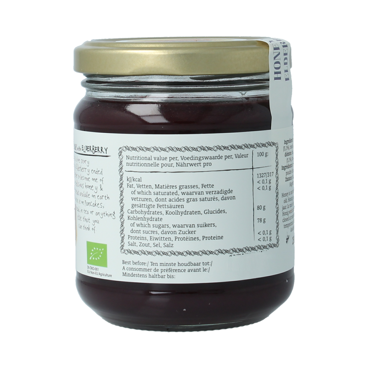 Royal Green Elderberry honey bio 250g jar, natural organic honing with elderberry infusion, shown in the image.
