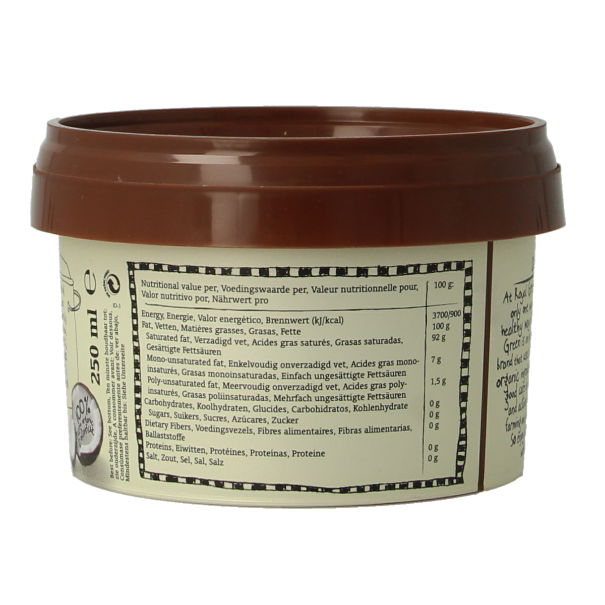 Royal Green Kokos cooking cream odourless bio in 250ml bottle, creamy coconut oil for cooking and baking, natural and organic.