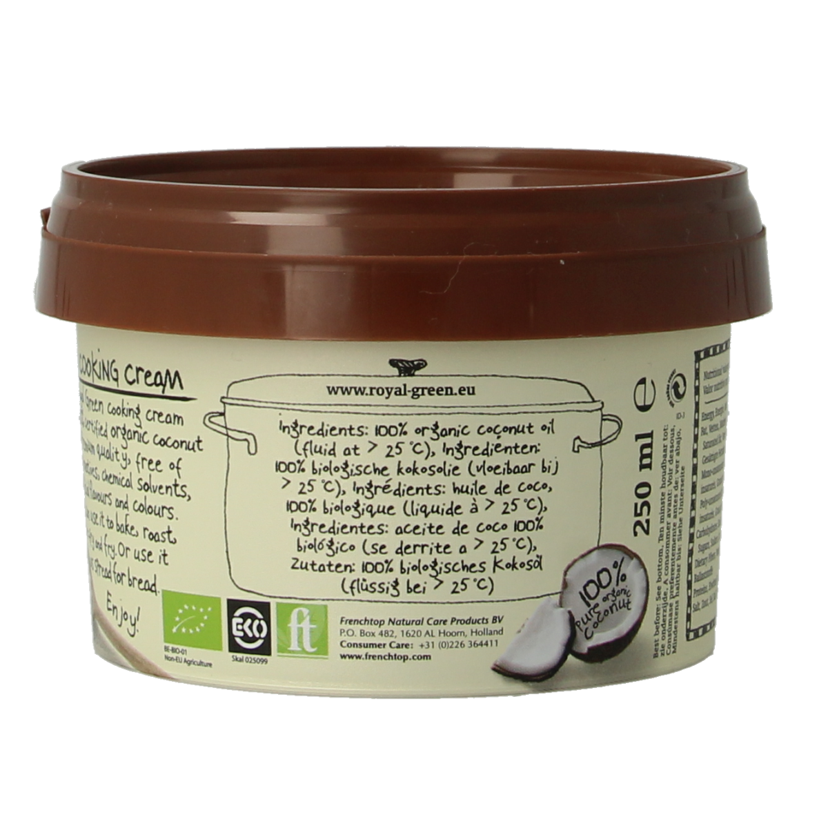 Royal Green Kokos cooking cream odourless bio in 250ml bottle, natural coconut oil and fats for healthy cooking.
