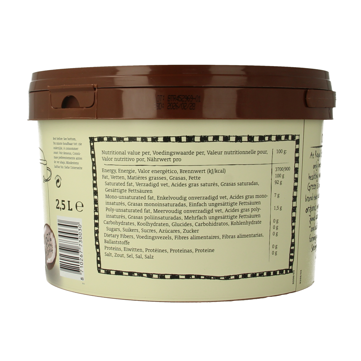 Royal Green Kokos cooking cream odourless bio in 2.5L bottle, organic coconut oil and fat for cooking and baking.
