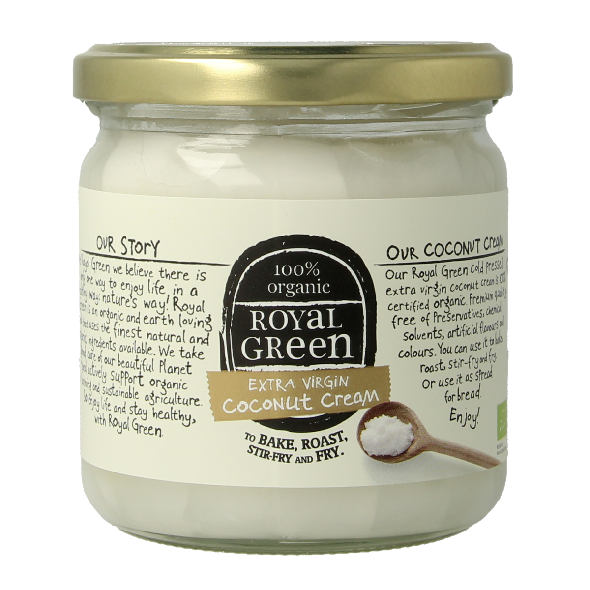 Royal Green Kokos cooking cream extra virgin bio in 325ml bottle, showcasing the creamy coconut product for cooking and baking.