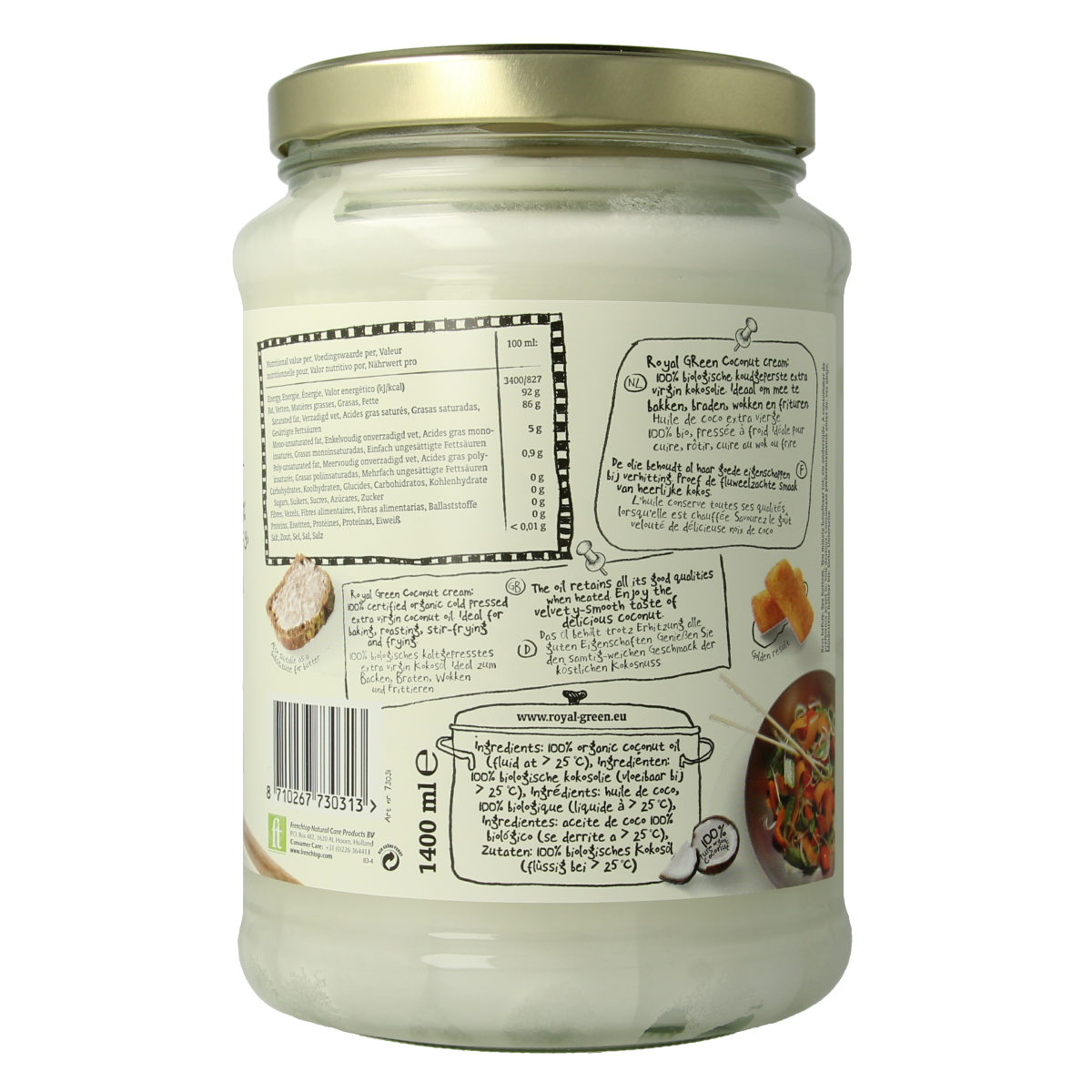 Royal Green Kokos cooking cream extra virgin bio in a 1400ml bottle, natural coconut oil and fats for cooking and baking.