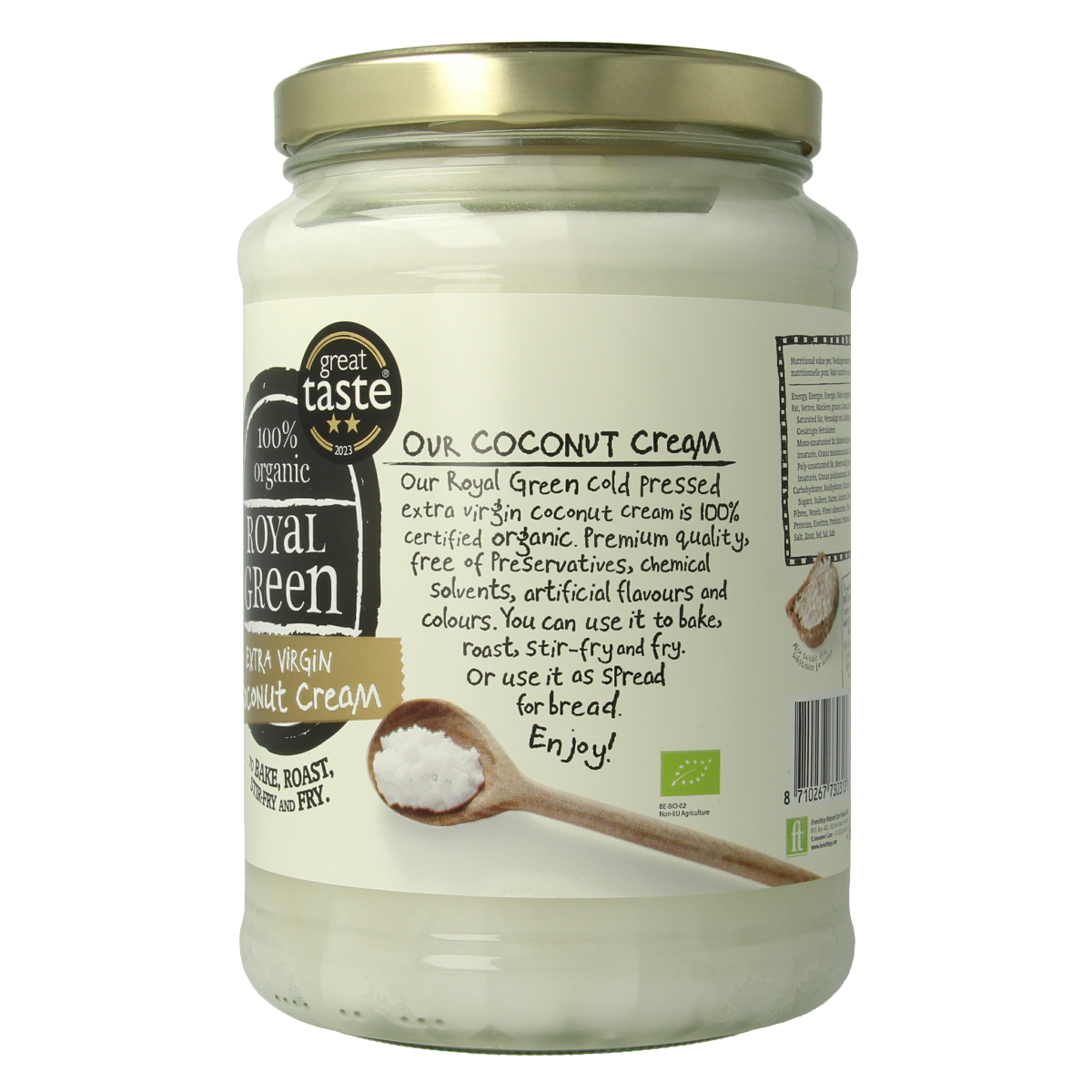 Royal Green Kokos cooking cream extra virgin bio 1400ml, organic coconut oil and fats in a clear container.