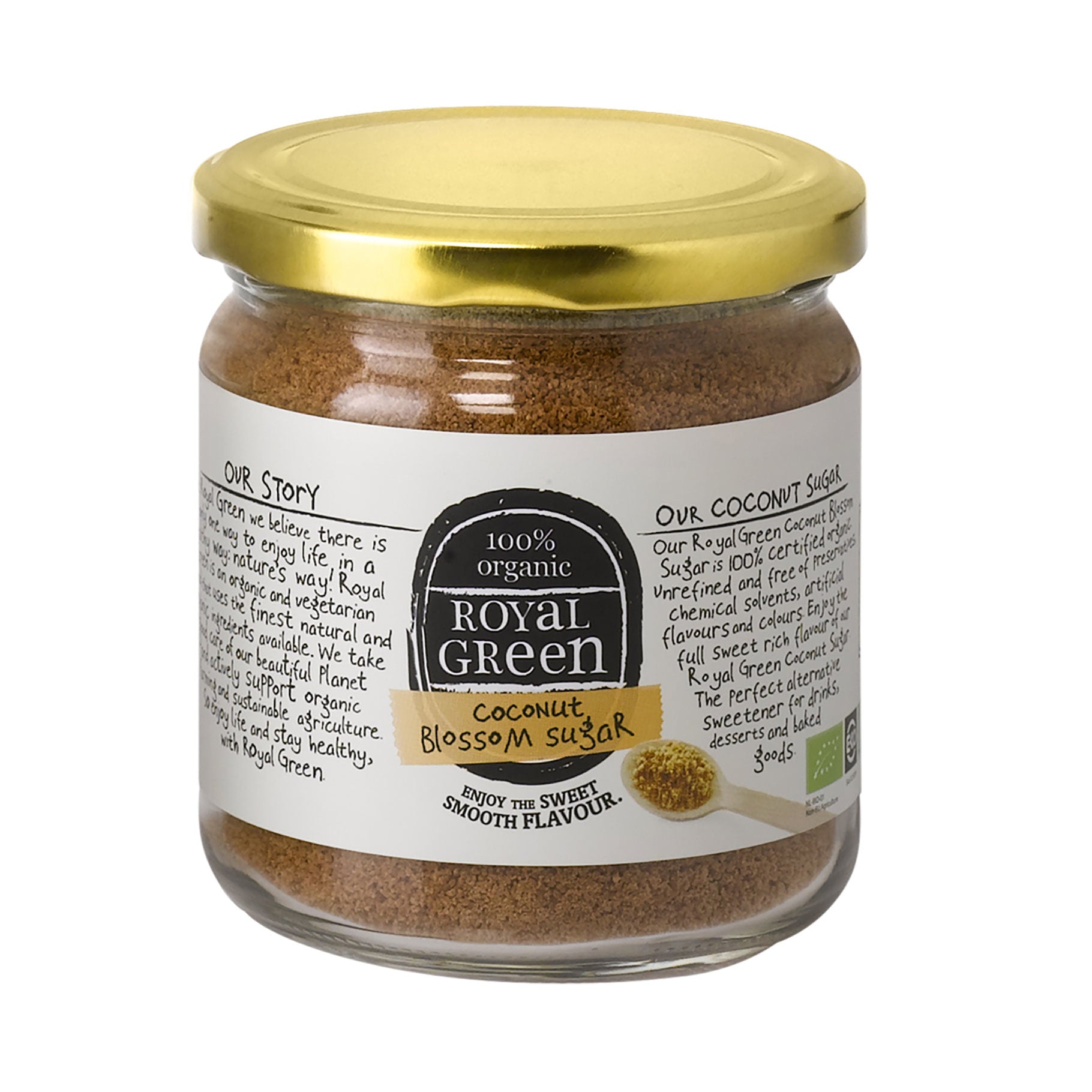 Royal Green organic coconut blossom sugar in a 200g package, natural sweetener from Royal Green, with a close-up of the product packaging.