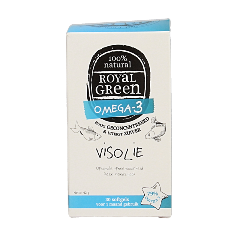 Royal Green Omega 3 softgel capsules, high-quality fish oil supplement, shown in a clear container with softgel capsules inside.