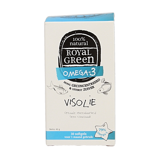 Royal Green Omega 3 softgel capsules, high-quality fish oil supplement, shown in a clear container with softgel capsules inside.
