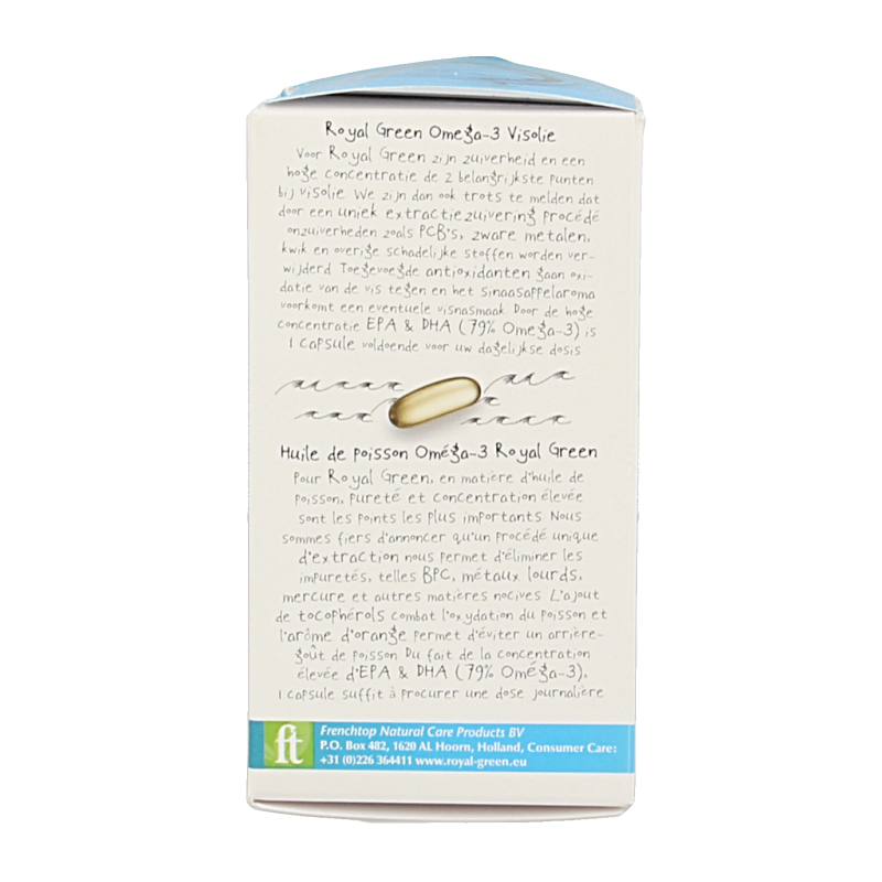 Royal Green Omega 3 softgels in a clear bottle, showing 30 capsules of omega-3 fatty acids from Royal Green brand.