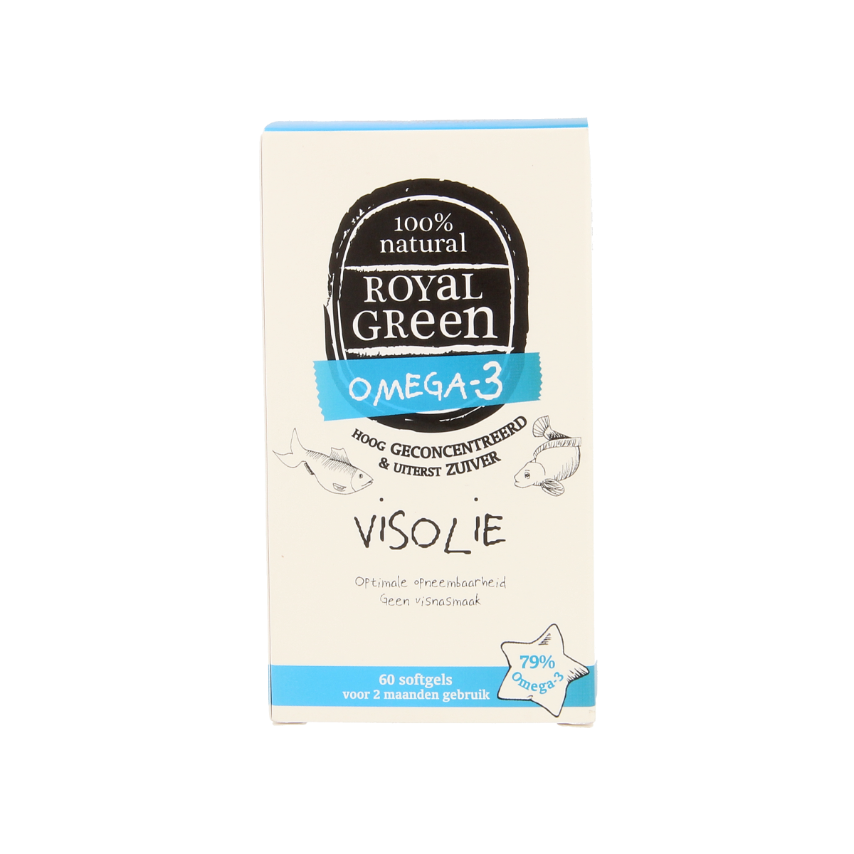 Royal Green Omega 3 softgels, dietary vetzuren supplement, arranged in a clear bottle with a green label.