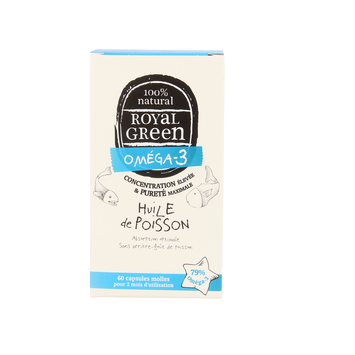 Royal Green Omega 3 softgel capsules, vegan omega fatty acids supplement in a clear bottle with 60 softgels.