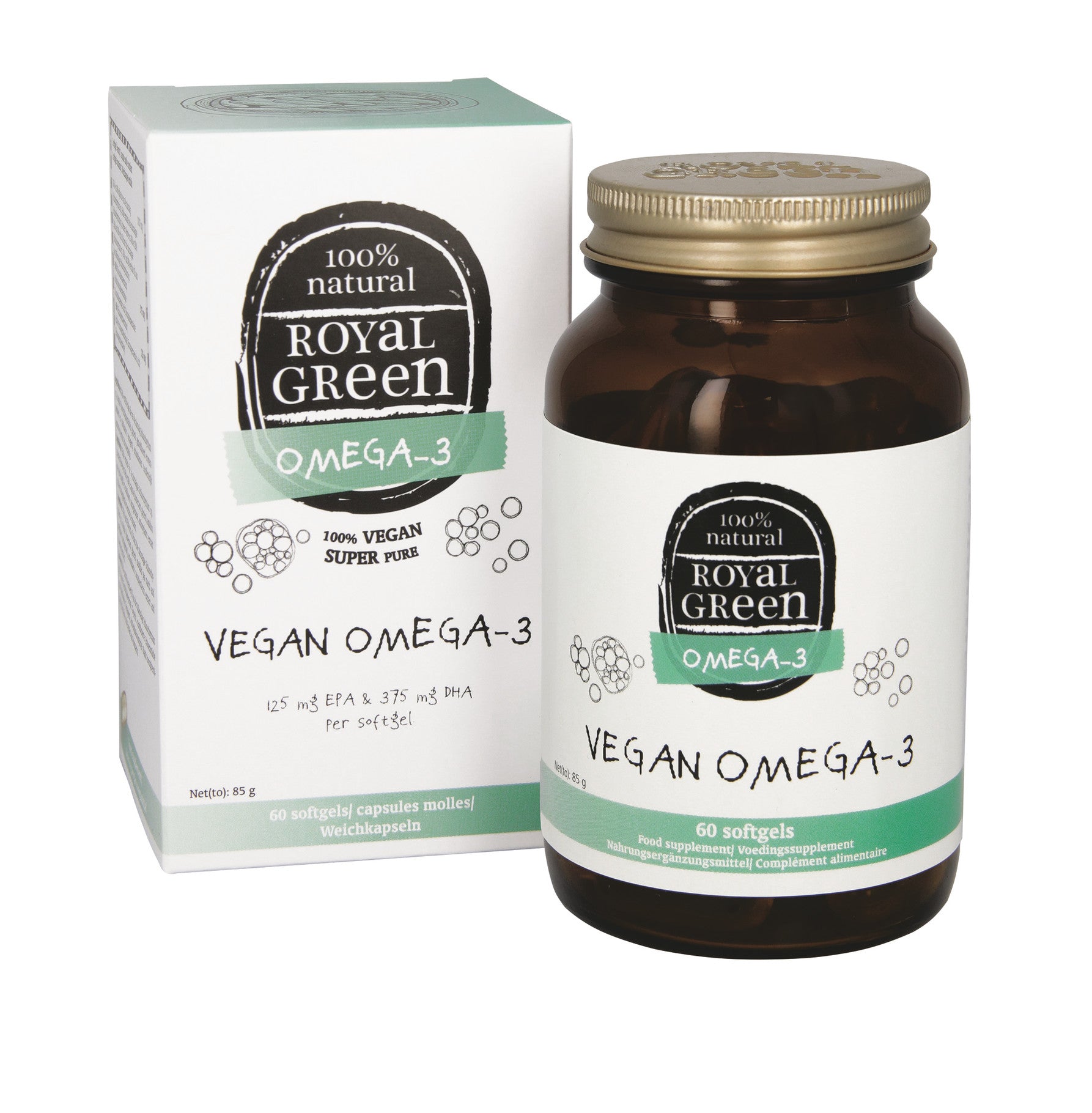 Royal Green Omega-3 vegan softgels by Vetzuren, showing 60 softgel capsules in a clear container.
