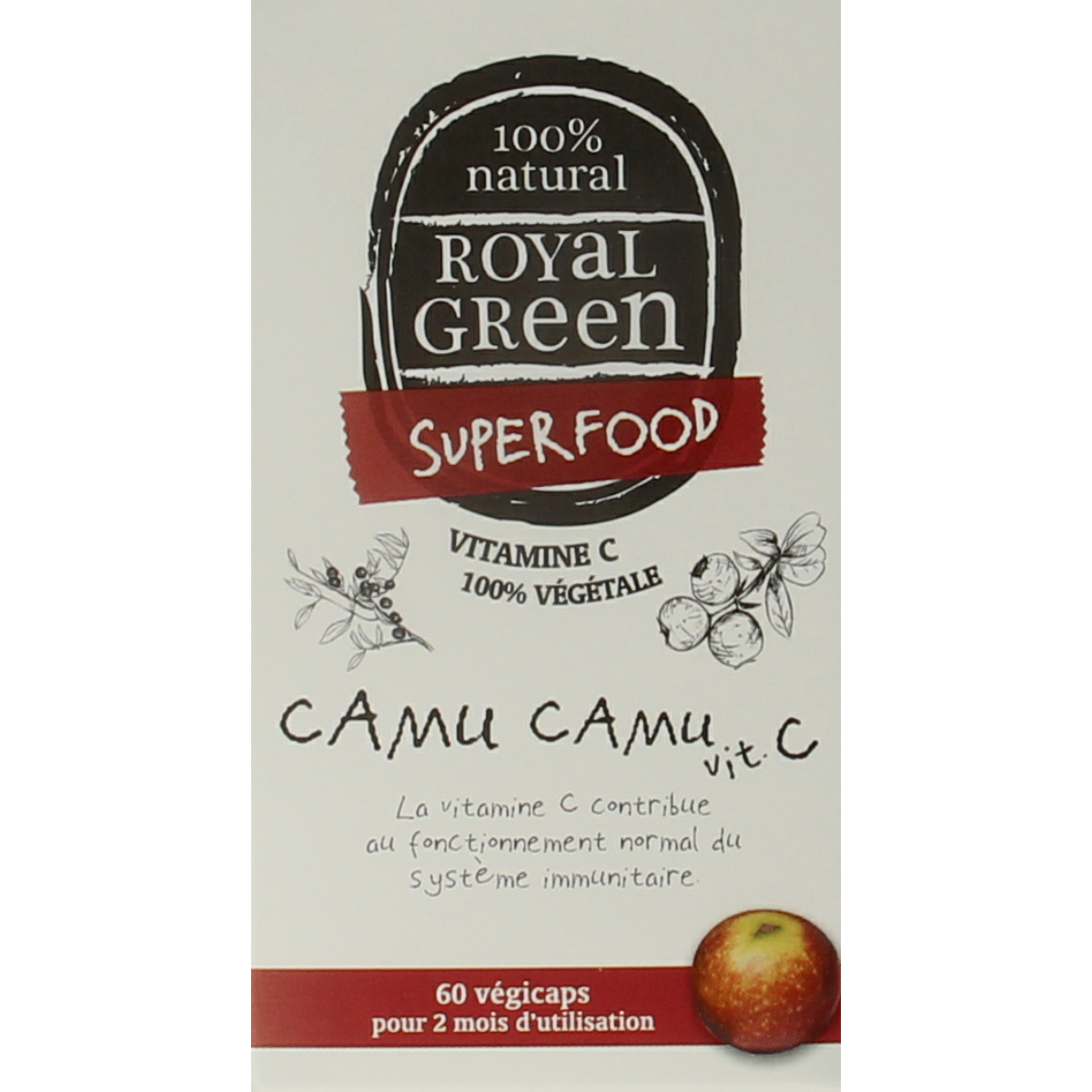 Royal Green Camu Camu vitamin C vegetarian capsules, mineral supplement, 60 count, shown in a clear bottle with capsules inside.