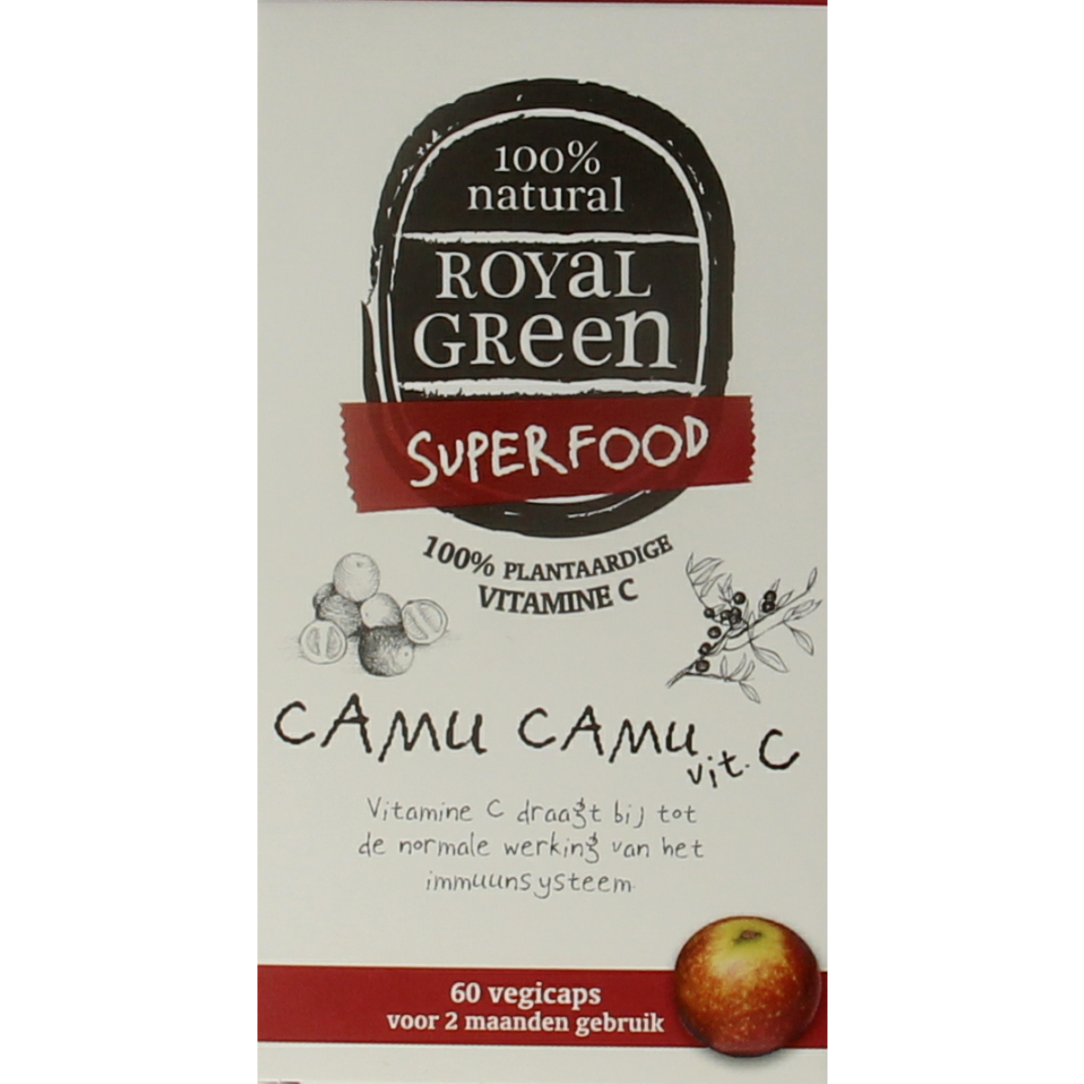 Royal Green Camu Camu vitamin C vegetarian capsules in a container, highlighting natural mineral supplement with 60 capsules.