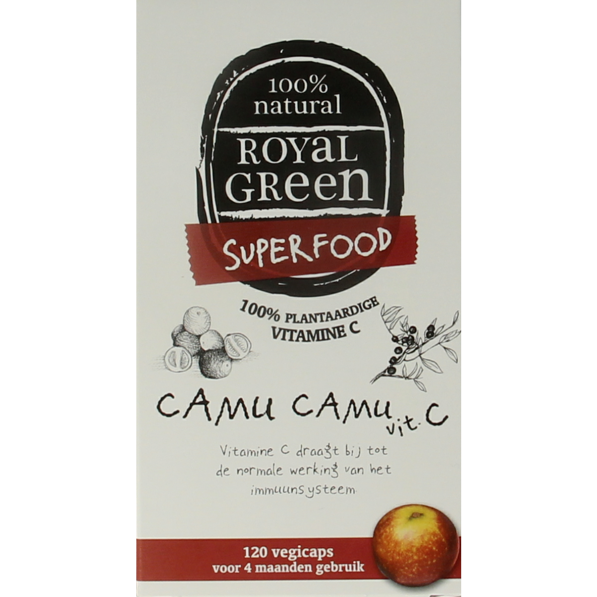Royal Green Camu Camu vitamin C vegetarian capsules in a bottle, herbal supplement for immune support.