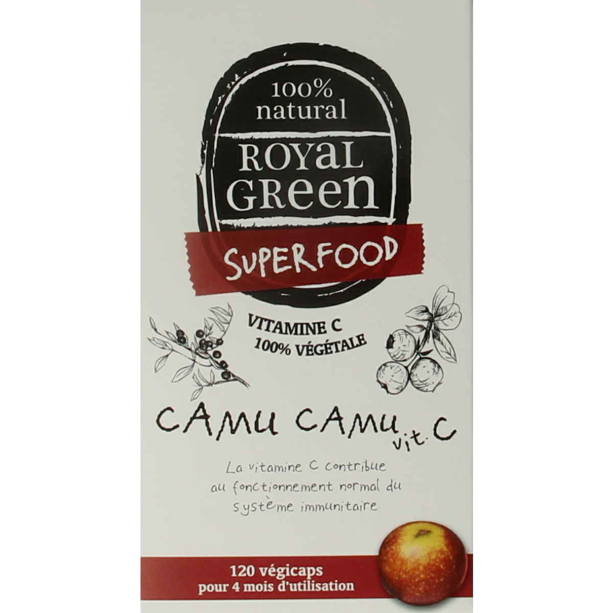 Royal Green Camu Camu vitamin C capsules in vegetarian softgel form, showing the supplement bottle and capsules.