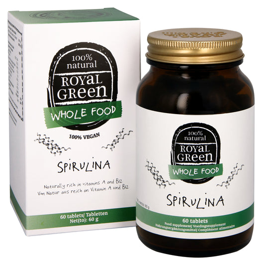 Royal Green Spirulina bio supplement in 60 tablets, showing the green tablets and packaging for herbal preparations.