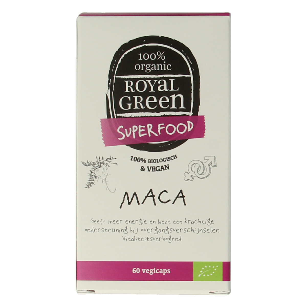 Royal Green Maca bio vegetarian capsules in a bottle, herbal supplement for natural health and vitality.